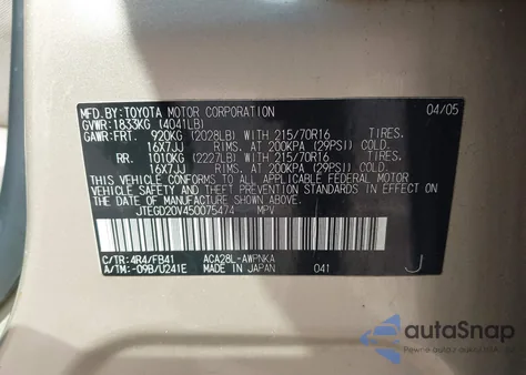 2005 Toyota Rav4 z USA, uszkodzony, nr VIN JTEGD20V450075474